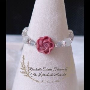- Rhodonite Carved Rose 🌹 & Fire Labradorite, Selenite Bracelet